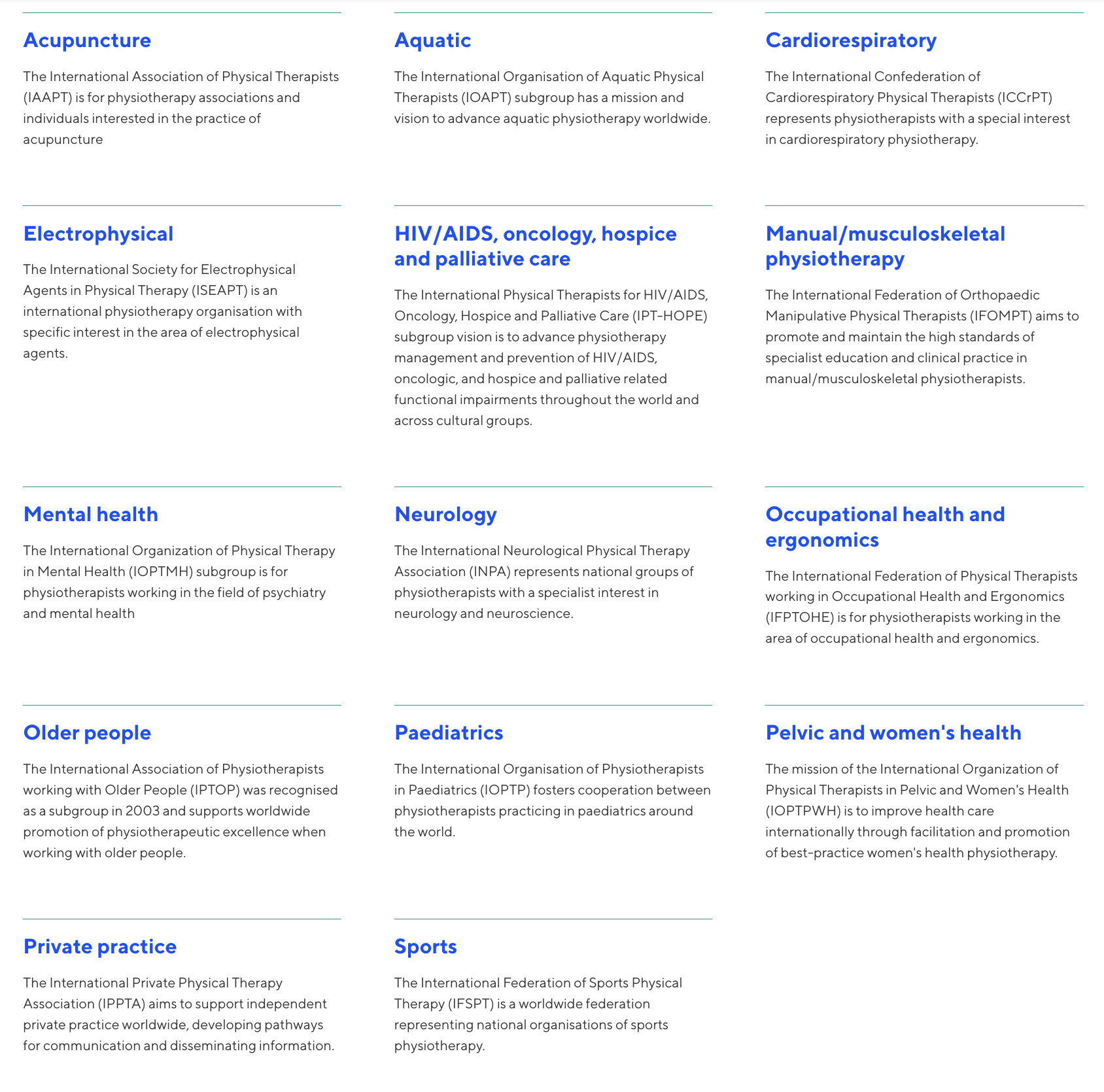 World Physiotherapy Subgroups